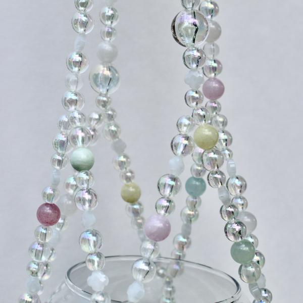 A macro shot of the soft, candy-colored beads in pink, mint, and lavender with an iridescent shimmer.